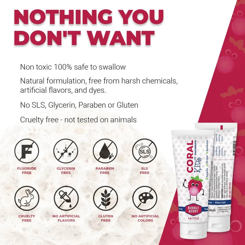 Coral White Kids Bubble Berry Fluoride Free Toothpaste - 4 Ounces (1 Pack) - Image 4