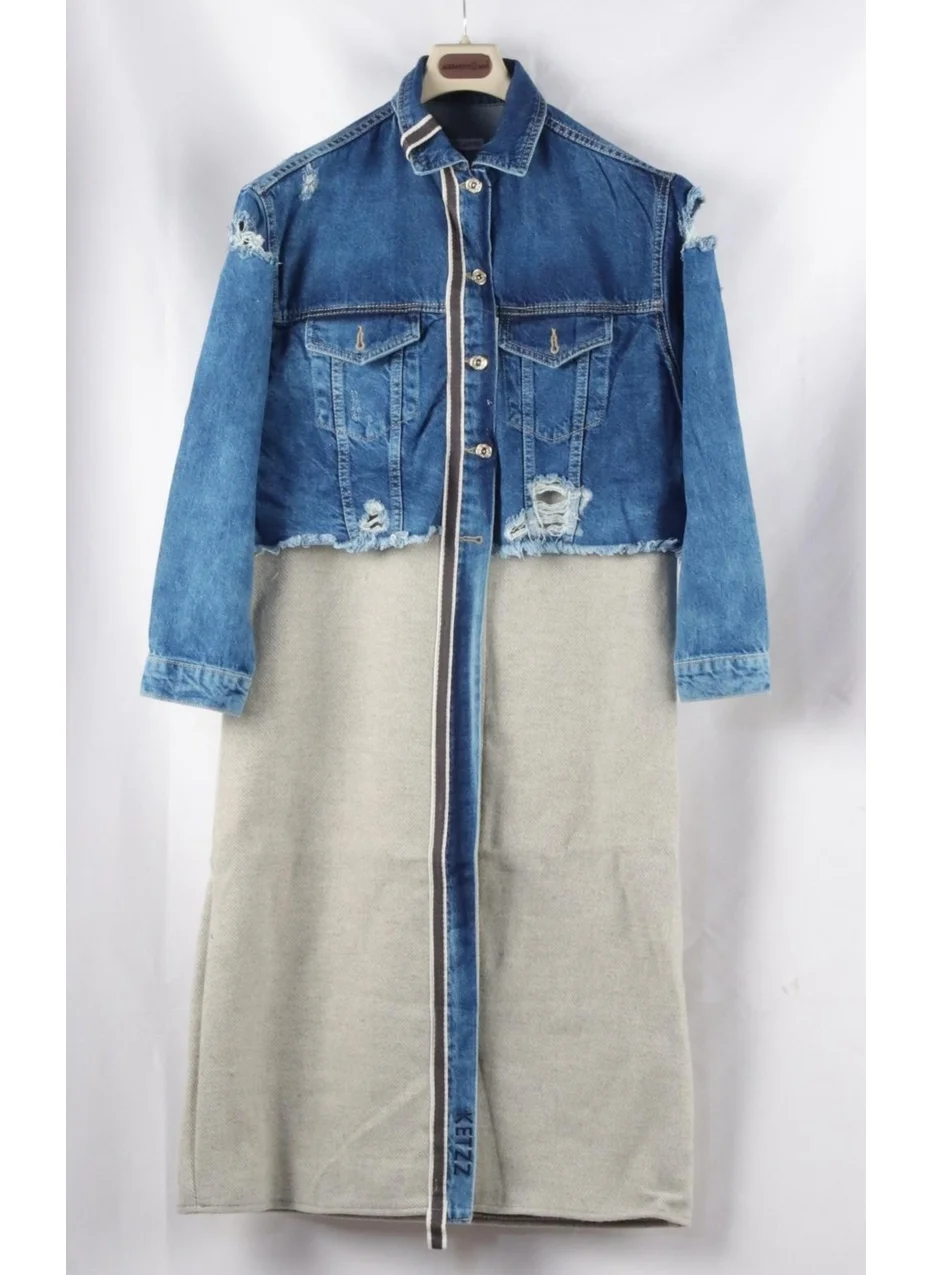 الكسندر جاردي Special Collection, Long Denim Jacket with Ripped Details (3024)