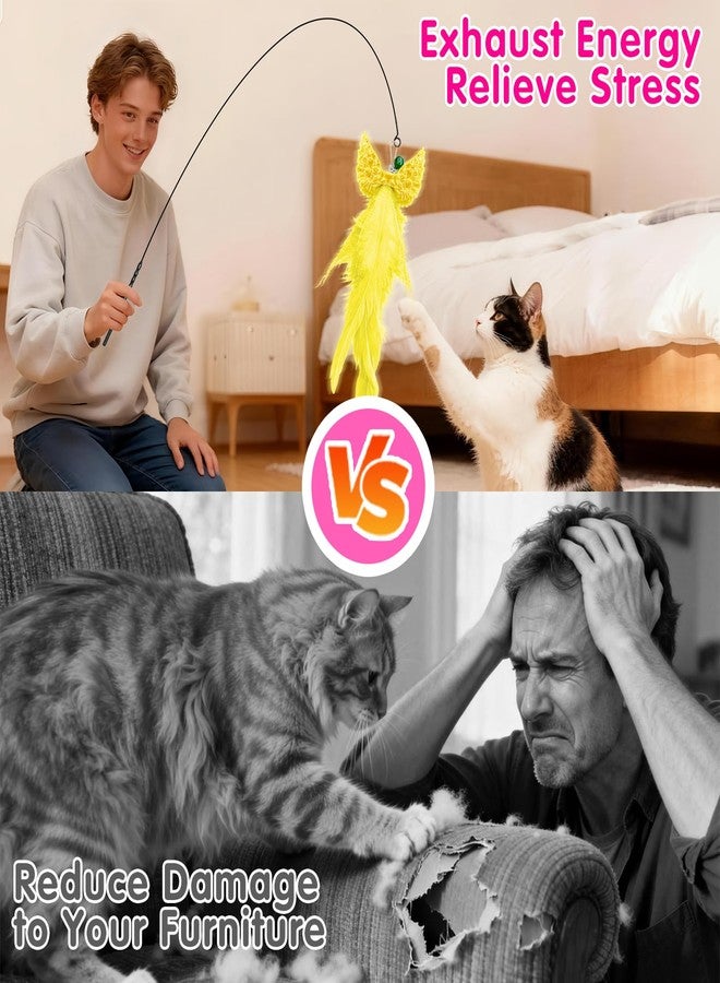 Walfront Interactive Cat Toy Wand - Yellow & Pink Wing Tassel Teaser with Replaceable Natural Heads, Flexible Steel Rod, Indoor Cat Toy for Multi-Cat Homes, Kittens & Adult Cats, Play & Stress Relief - Image 4