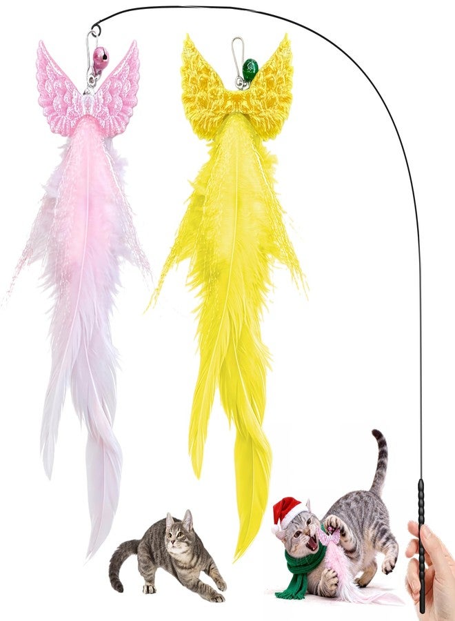 Walfront Interactive Cat Toy Wand - Yellow & Pink Wing Tassel Teaser with Replaceable Natural Heads, Flexible Steel Rod, Indoor Cat Toy for Multi-Cat Homes, Kittens & Adult Cats, Play & Stress Relief - Image 1