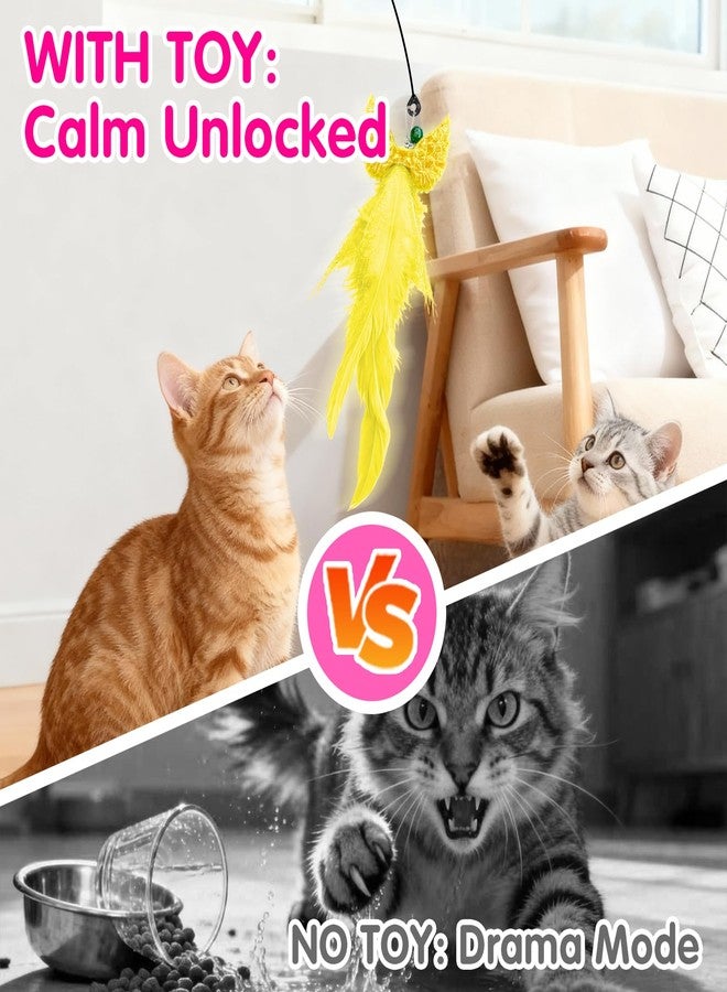 Walfront Interactive Cat Toy Wand - Yellow & Pink Wing Tassel Teaser with Replaceable Natural Heads, Flexible Steel Rod, Indoor Cat Toy for Multi-Cat Homes, Kittens & Adult Cats, Play & Stress Relief - Image 3