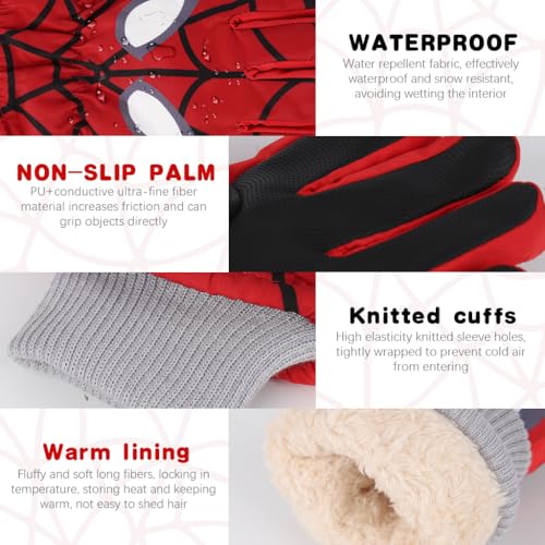 PATPAT® 1Pair Cartoon Superhero Printed Kids Hand Gloves for Winter for Boys Aged 7-14, Touch Screen Finger Anti-Slip Design, Ski Gloves, Bike Gloves Windproof Waterproof Warm Riding Winter Gloves - Image 4