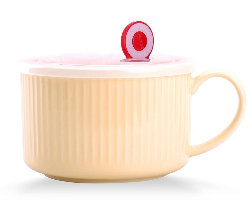 WHJY 30oz Ceramic Bowl with Lid and Handle for Soup and Instant Noodles Soup Mug Modern Simple Style with Heat Preservation Handle  Yellow