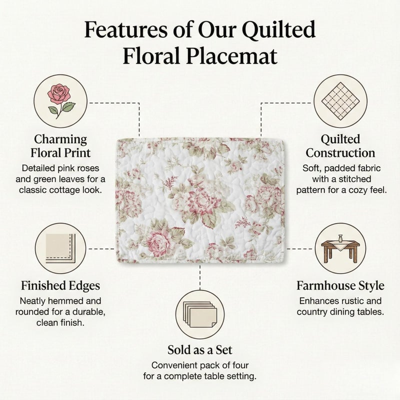 DaDa Bedding Cottage Roses Floral Dining Table Placemats - Set of 4-Pieces Quilted Cotton Dainty Flower Blossoms Garden - Decorative Linen Kitchen Tea Time Ivory White Mats - 13â€ x 19â€ - Image 2