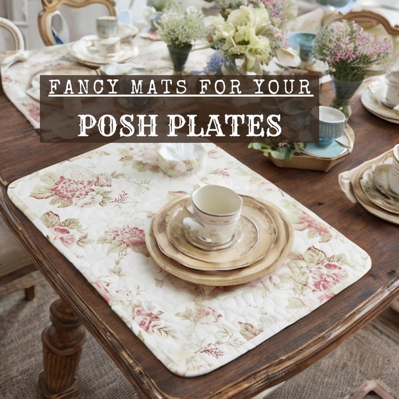 DaDa Bedding Cottage Roses Floral Dining Table Placemats - Set of 4-Pieces Quilted Cotton Dainty Flower Blossoms Garden - Decorative Linen Kitchen Tea Time Ivory White Mats - 13â€ x 19â€ - Image 4