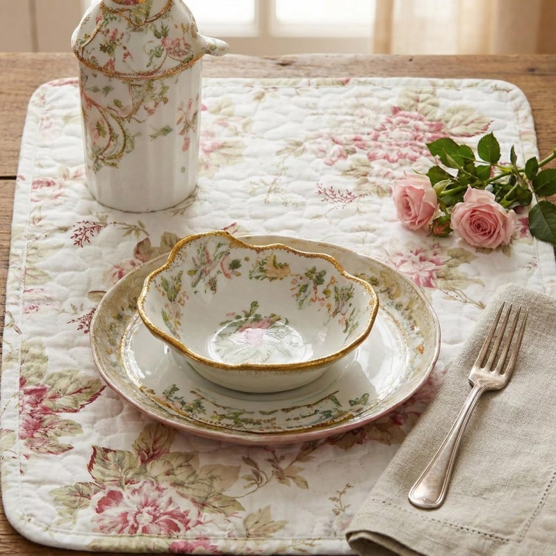 DaDa Bedding Cottage Roses Floral Dining Table Placemats - Set of 4-Pieces Quilted Cotton Dainty Flower Blossoms Garden - Decorative Linen Kitchen Tea Time Ivory White Mats - 13â€ x 19â€ - Image 1