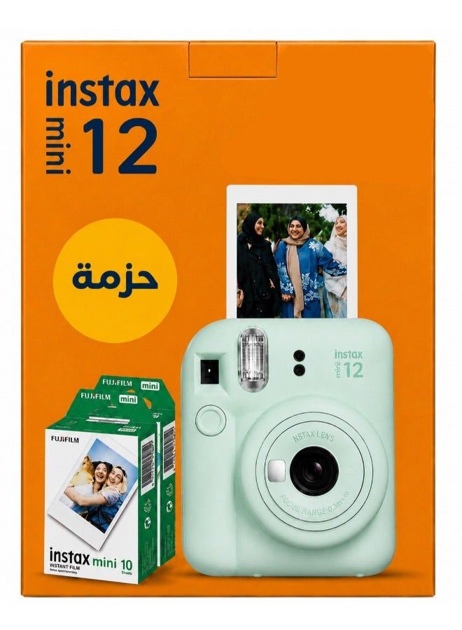 فوجي فيلم كاميرا Instax Mini 12 للأفلام الفورية مع مجموعة من 20 فيلمًا باللون الأخضر النعناعي - Image 1