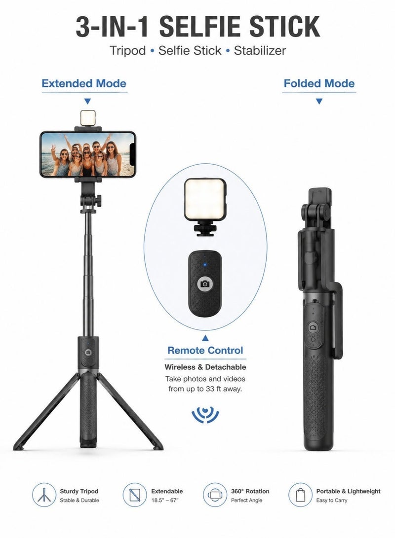 حياة الكثبان حامل ثلاثي (Tripod) وعصا سيلفي بتقنية البلوتوث (3 في 1)، قابل للتمدد من 34 سم إلى 190 سم، مزود بجهاز تحكم عن بُعد (نطاق 10 أمتار) وإمكانية الدوران بزاوية 360 درجة؛ متوافق مع هواتف iPhone وAndroid وجميع الهواتف الذكية. - Image 1
