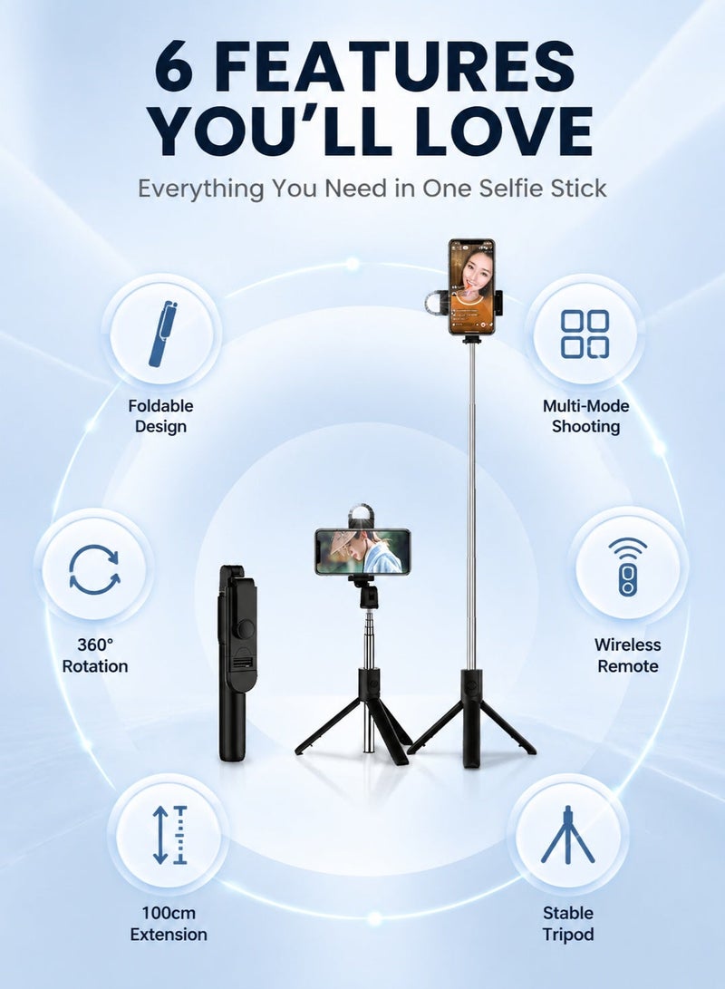 حياة الكثبان حامل ثلاثي (Tripod) وعصا سيلفي بتقنية البلوتوث (3 في 1)، قابل للتمدد من 34 سم إلى 190 سم، مزود بجهاز تحكم عن بُعد (نطاق 10 أمتار) وإمكانية الدوران بزاوية 360 درجة؛ متوافق مع هواتف iPhone وAndroid وجميع الهواتف الذكية. - Image 2