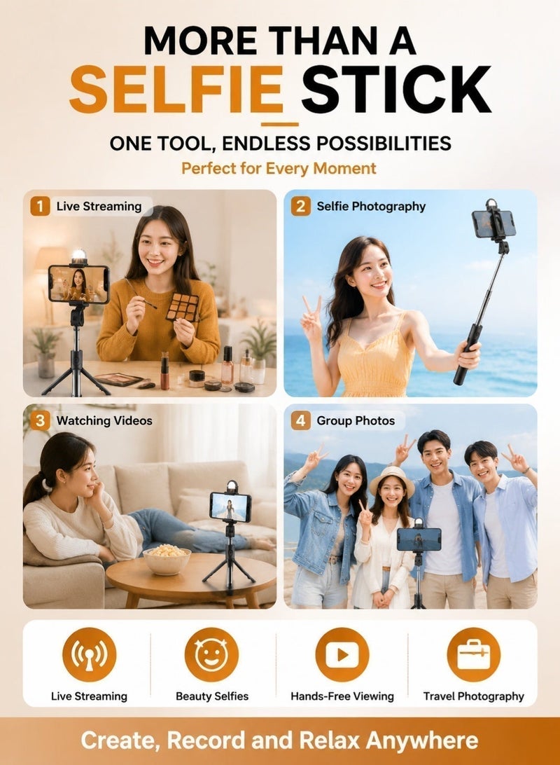 حياة الكثبان حامل ثلاثي (Tripod) وعصا سيلفي بتقنية البلوتوث (3 في 1)، قابل للتمدد من 34 سم إلى 190 سم، مزود بجهاز تحكم عن بُعد (نطاق 10 أمتار) وإمكانية الدوران بزاوية 360 درجة؛ متوافق مع هواتف iPhone وAndroid وجميع الهواتف الذكية. - Image 5