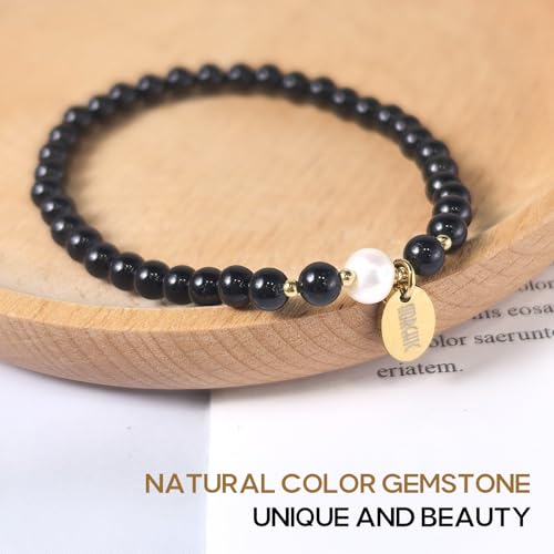Morchic 4mm Natural Black Tourmaline Gemstone Beads Stretch Bracelet for Women, With Freshwater Pearls, Energy Gem Birthday Gift for Her 7.2” - Image 4