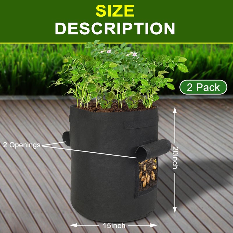 SORANGEUN Potato Grow Bags, 2-Pack 15-Gallon Grow Bags with 2 Flaps and Reinforced Handles, Heavy-Duty Thickened 500G Aeration Fabric Pots for Potatoes, Tomatoes, Flowers, and Vegetables - Image 2
