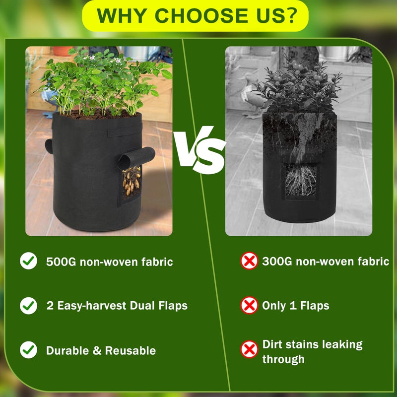 SORANGEUN Potato Grow Bags, 2-Pack 15-Gallon Grow Bags with 2 Flaps and Reinforced Handles, Heavy-Duty Thickened 500G Aeration Fabric Pots for Potatoes, Tomatoes, Flowers, and Vegetables - Image 4