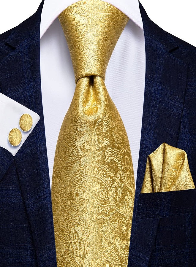 Hi-Tie Mens Plaids Checks Gold Ties Set Paisley Silk Necktie for Men with Handkerchief Cufflinks Set Business Wedding - Image 3