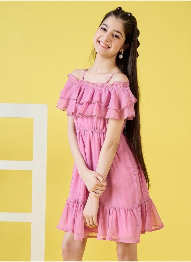 Stylo Bug - Solid Cold-Shoulder Sleeves Ruffled Dress by Styli - Image 1