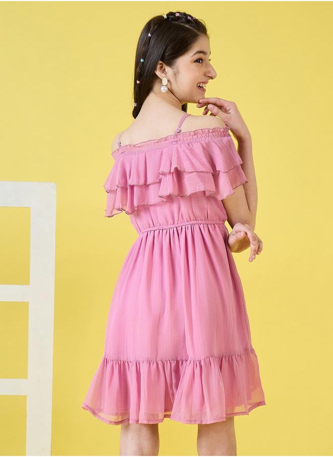 Stylo Bug - Solid Cold-Shoulder Sleeves Ruffled Dress by Styli - Image 1