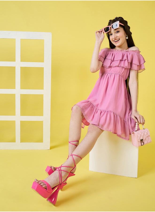 Stylo Bug - Solid Cold-Shoulder Sleeves Ruffled Dress by Styli - Image 1