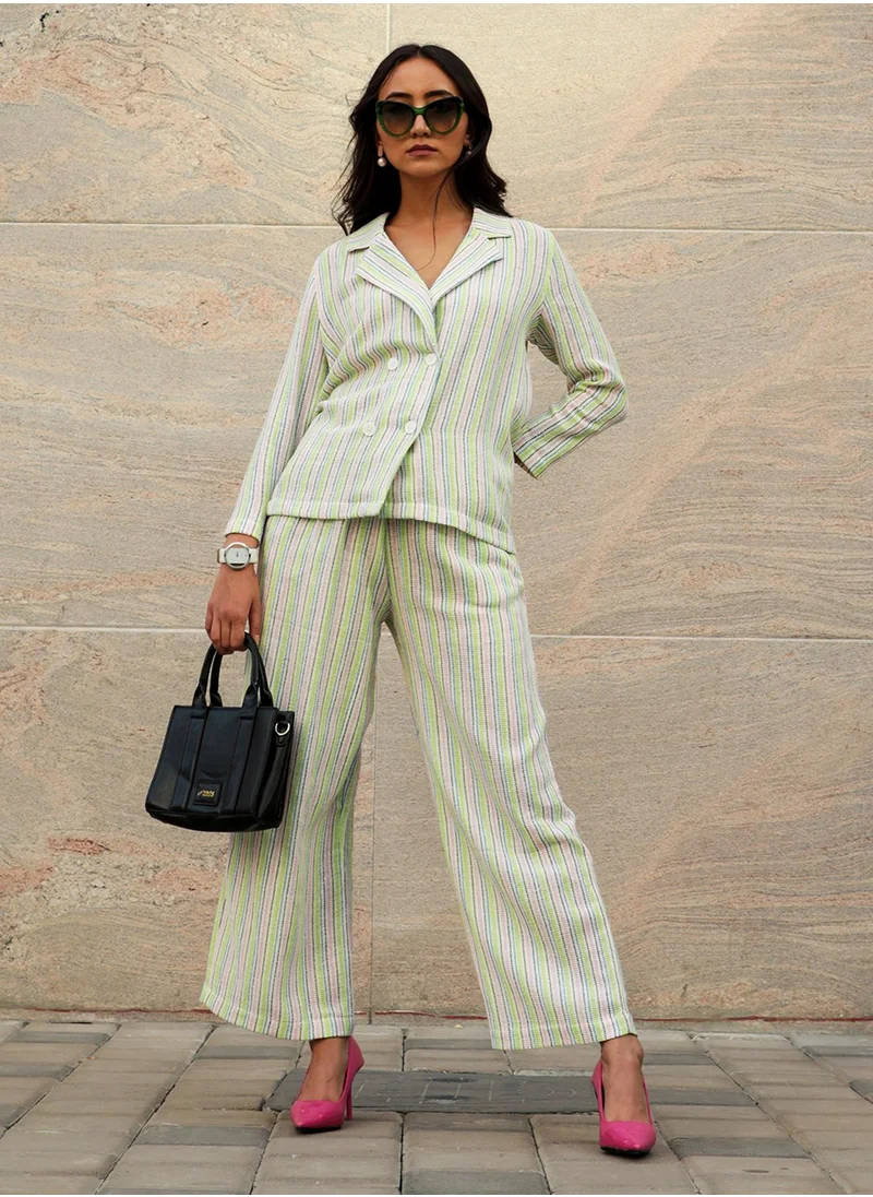 PINACOLADA Women's Lime Green:Baby Pink Unbalanced Striped Double-Breasted Co-Ord Set