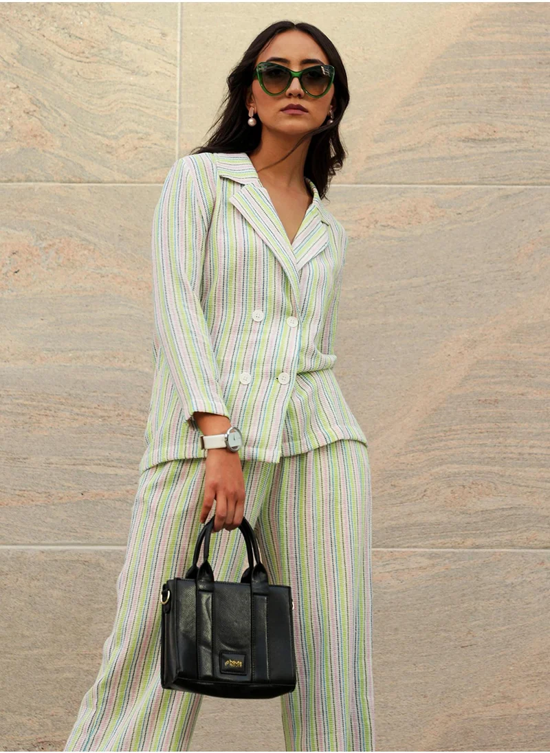 PINACOLADA Women's Lime Green:Baby Pink Unbalanced Striped Double-Breasted Co-Ord Set