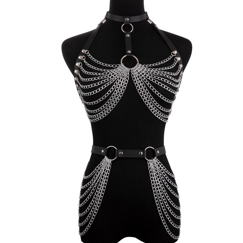 NICEIGHT Punk Leather Body Chains for Women Layered Waist Belly Chain Belt Black Chest Chain Gothic Party Rave Body Jewelry - Image 2