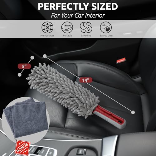 TAKAVU Car Duster Interior by TAKAVU, 360° Microfiber Fingers, Unbreakable Comfort Handle, Lint and Scratch Free, Include Microfiber Towel, for Car & Home Use, The Best Auto Accessories Gray - Image 2