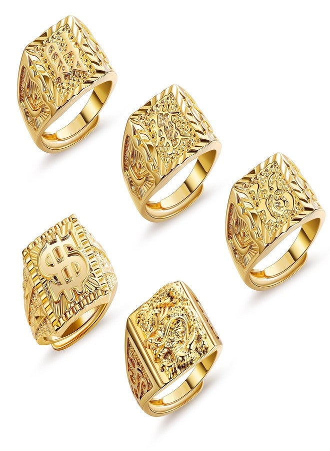 NICEIGHT 5Pcs 18K Gold Filled Rings Set for Men Women Kanji Rings Rich Luck Wealth Dragon Dollar Rings Set Adjustable Size Gold - Image 1