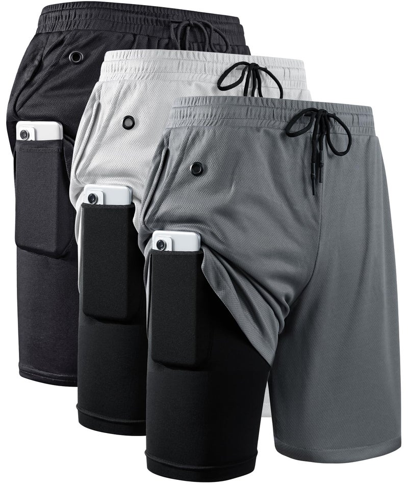 JWJ 3 Pack Men's 2 in 1 Workout Running Shorts 7 Inch Lightweight Athletic Gym Shorts with Compression Liner Black Dark Grey Light Grey XXL - Image 1