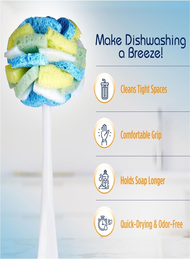 Compac Home Dish SpongeWand Plus Tri Surface Scrubbing Sponge with Cello Foam Scour Sponge Petals, Cleans Dishes, Glassware 360 Scrubber Pads for Tough to Clean Pots Pans, Multi-Color, (Pack of 6) - Image 5