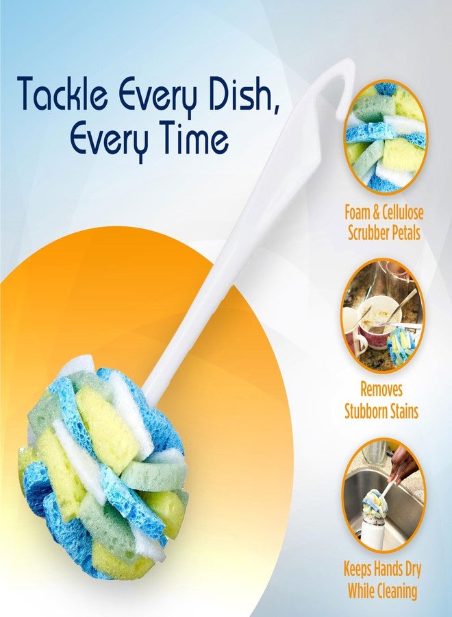 Compac Home Dish SpongeWand Plus Tri Surface Scrubbing Sponge with Cello Foam Scour Sponge Petals, Cleans Dishes, Glassware 360 Scrubber Pads for Tough to Clean Pots Pans, Multi-Color, (Pack of 6) - Image 4