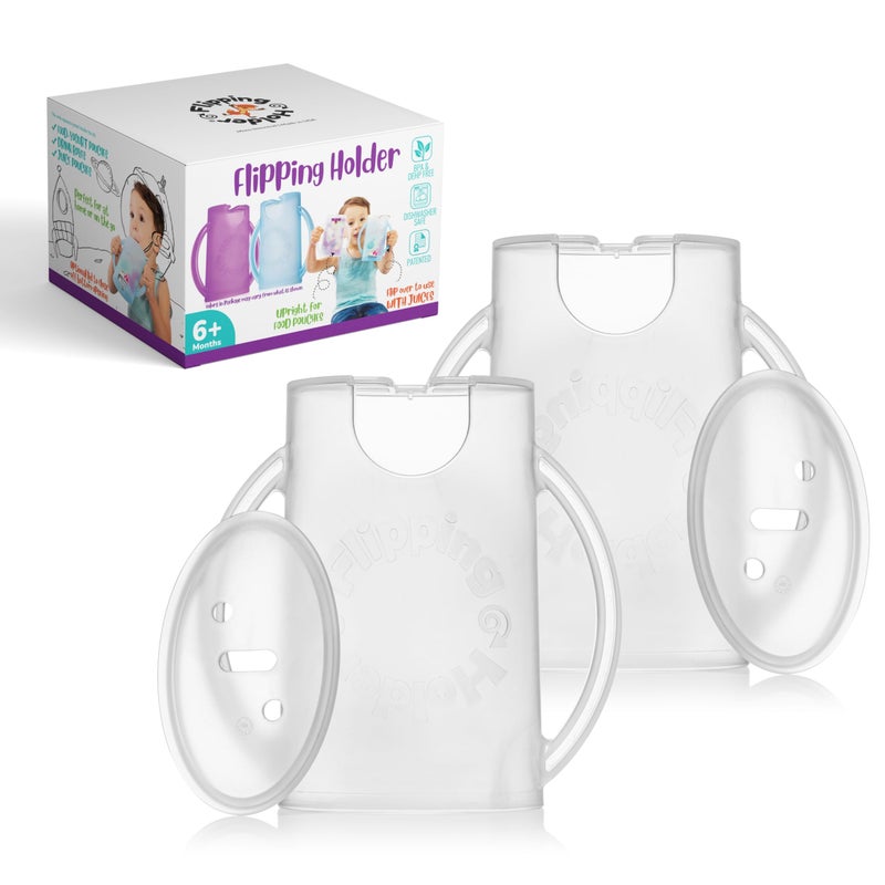 Flipping Holder حامل قابل للتقليب 2 في 1 لحقيبة طعام الأطفال وصندوق العصير (عبوة 2) - حاوية آمنة للطعام بدون ضغط، مع مقابض سهلة الإمساك وغطاء يناسب GoGo وCapri Sun والعصير والزبادي والمزيد - Image 1