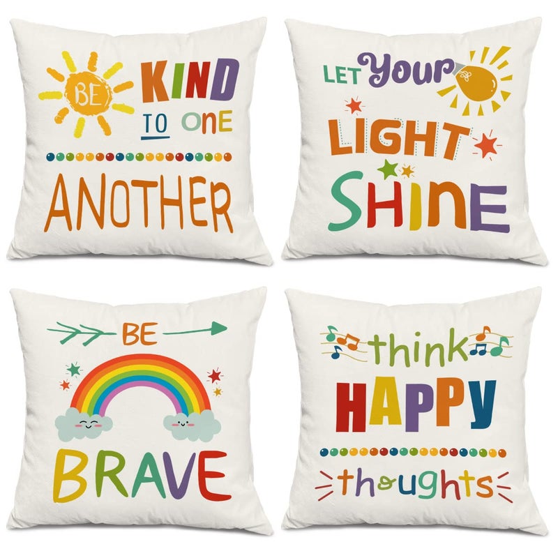 okaxscm Colourful Words Inspirational Quotes Rainbow Sun Be Kind Brave Happy Sunshine Decorative Classroom Throw Pillow Cover Cushion Case for Kids GiftsHome Sofa Bed Playroom Decor 18 x18 Inch Set Of 4