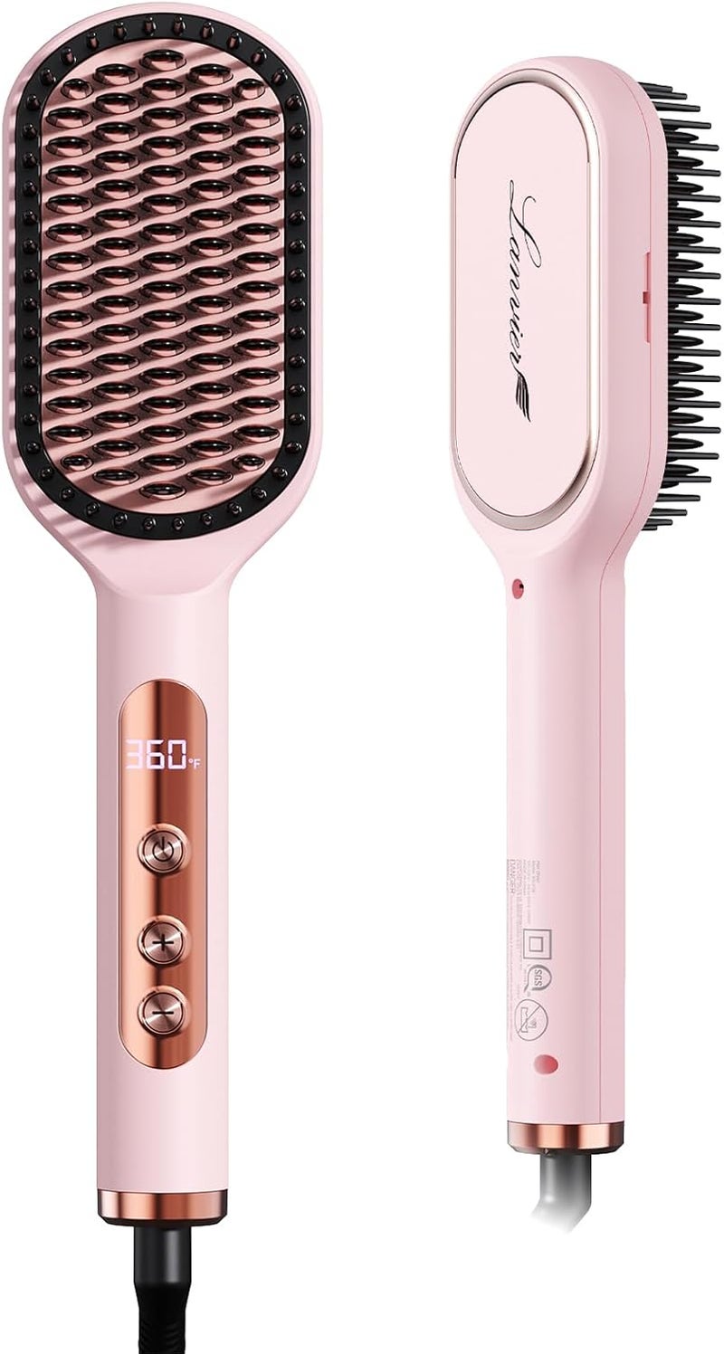 LANVIER Hair Straightener Brush Ionic Straightening Brush with Infrared Heated Straightening Comb with Negative Ions Dense Bristles 32 Temps Dual Voltage Flat Iron Comb for All Hair Type