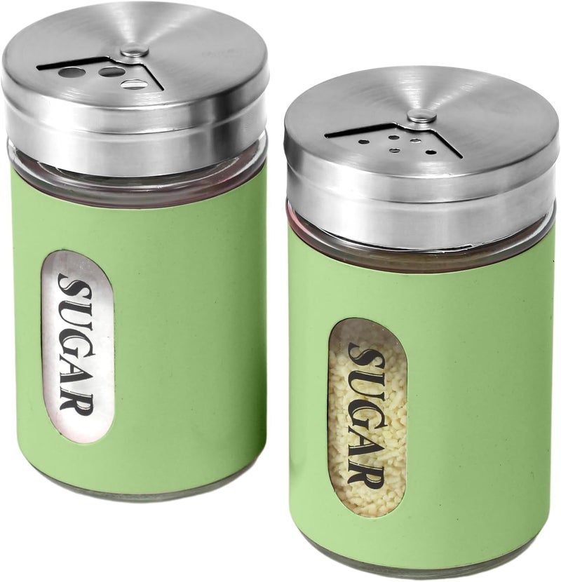 STJKBDFC Sugar Shaker Duster Stainless Steel and Glass Set with Adjustable Pour Holes Cinnamon Shaker For Coffee Bar,set of 2 (Green) - Image 1