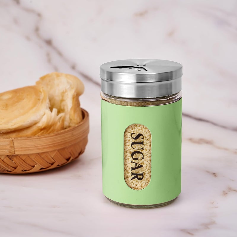 STJKBDFC Sugar Shaker Duster Stainless Steel and Glass Set with Adjustable Pour Holes Cinnamon Shaker For Coffee Bar,set of 2 (Green) - Image 5