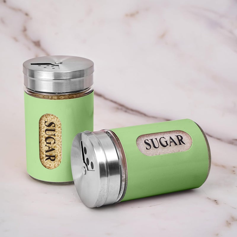 STJKBDFC Sugar Shaker Duster Stainless Steel and Glass Set with Adjustable Pour Holes Cinnamon Shaker For Coffee Bar,set of 2 (Green) - Image 3