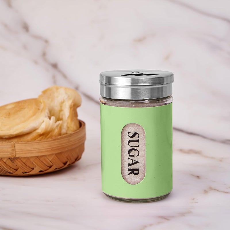 STJKBDFC Sugar Shaker Duster Stainless Steel and Glass Set with Adjustable Pour Holes Cinnamon Shaker For Coffee Bar,set of 2 (Green) - Image 4