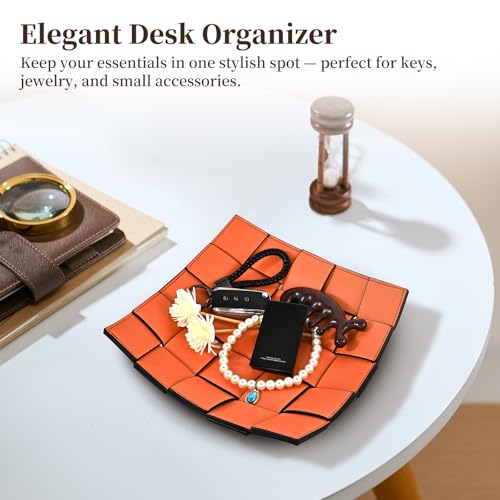 MSJGA Valet Tray PU Leather Key Holder Bowl for Women and Men Entryway Table Nightstand Desk Tray for Wallet, Keys Men's Gift - Orange & Black, 9.8" L x 9.8" W x 2" H - Image 4