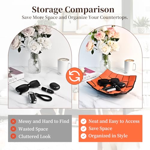 MSJGA Valet Tray PU Leather Key Holder Bowl for Women and Men Entryway Table Nightstand Desk Tray for Wallet, Keys Men's Gift - Orange & Black, 9.8" L x 9.8" W x 2" H - Image 5