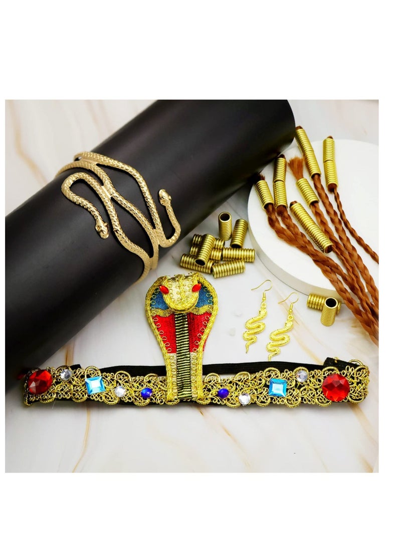 Egyptian Costume Accessories, Egyptian Headpiece, 25 Pieces Egyptian Cleopatra Costume Accessories, Snake Headpiece Golden Arm Cuff Earrings Jewelry Set, for Women Girls Cosplay  - Image 2