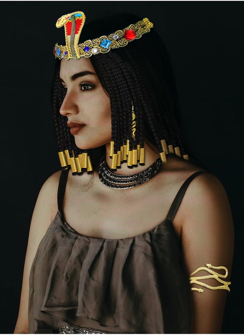 Egyptian Costume Accessories, Egyptian Headpiece, 25 Pieces Egyptian Cleopatra Costume Accessories, Snake Headpiece Golden Arm Cuff Earrings Jewelry Set, for Women Girls Cosplay  - Image 3
