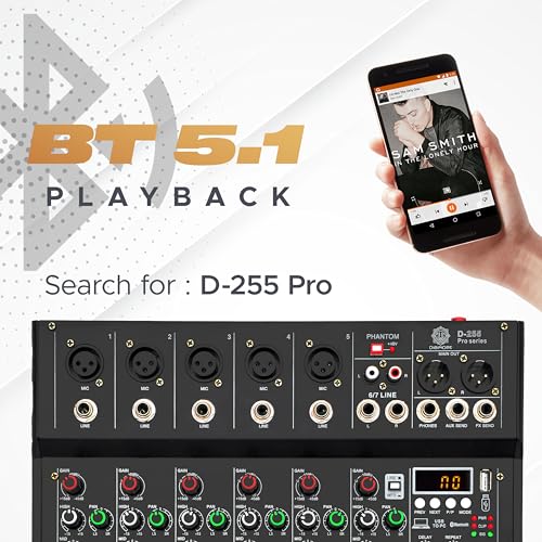 DIGIMORE 7 Channel Audio Mixer with USB & BT Playback | 48V Phantom Power | Stereo XLR Outs | Delay & Reverb Effects | Ideal for Stage, Live Gigs, and Karaoke (D-255 PRO) - Image 4