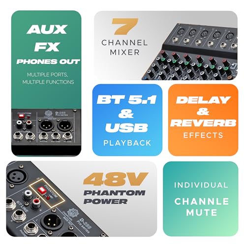 DIGIMORE 7 Channel Audio Mixer with USB & BT Playback | 48V Phantom Power | Stereo XLR Outs | Delay & Reverb Effects | Ideal for Stage, Live Gigs, and Karaoke (D-255 PRO) - Image 2