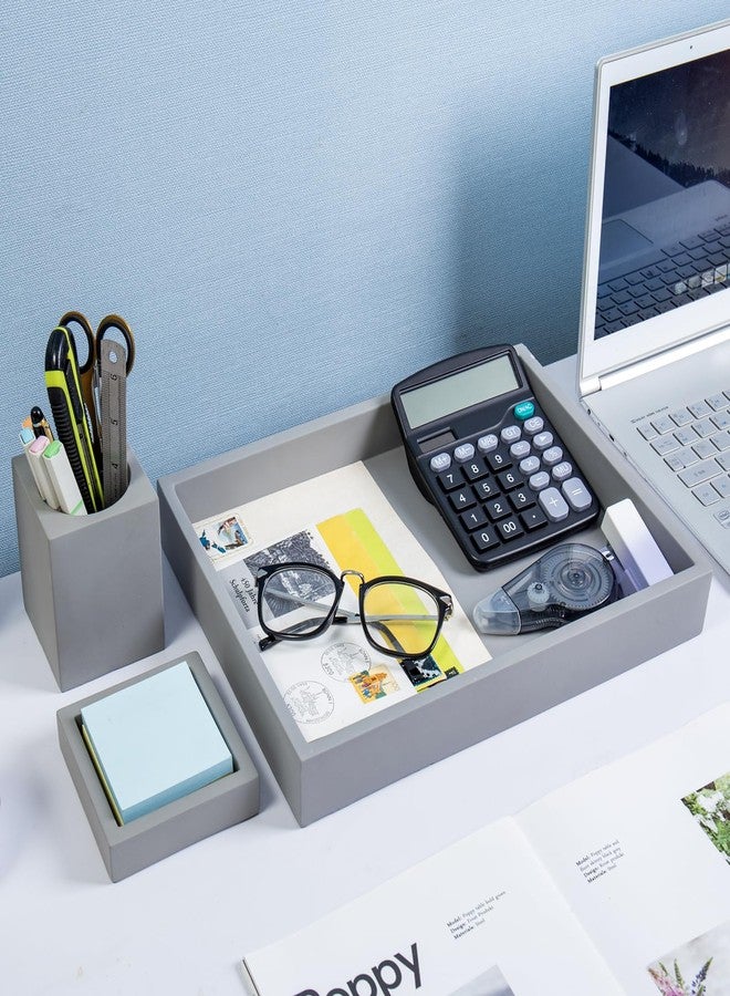 MyGift 3 pcs Set Modern Gray Concrete Desk Organizer Trays, Desktop Office Paper Tray, Stationery Holder Pencil Cup, Sticky Note Pad Holder - Image 4