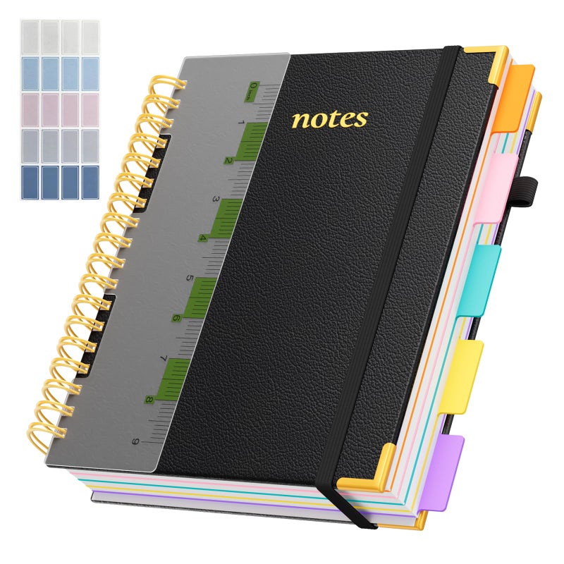 XYark Line Hardcover Spiral Notebook with Removable Dividers Tabs & Ruler, 5 Subject Notebook College Ruled, 300 Page, Large 8"x10" B5 Notebooks for Work School, Lined Journal for Women & Men, Black - Image 1