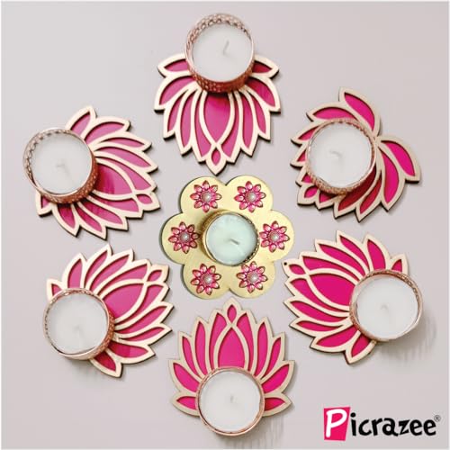 Picrazee Wooden Lotus Tea Light Holder Set of 7 Handcrafted for Home Décor, Diwali Decoration, Festival Decoration and Gifting - Image 2