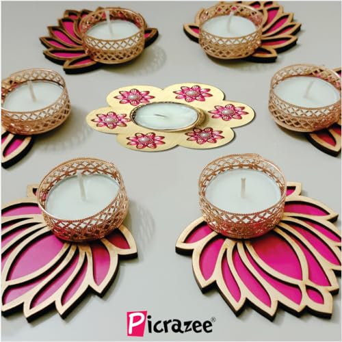 Picrazee Wooden Lotus Tea Light Holder Set of 7 Handcrafted for Home Décor, Diwali Decoration, Festival Decoration and Gifting - Image 3