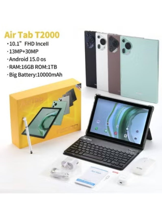 AirTab T2000 Smart Tablet – 10.1-Inch FHD Display, 16GB RAM, 1TB Storage, 10000mAh Battery, Dual Camera, Face Unlock, Wireless Arabic Keyboard – High-Speed Android Tablet with Stylish Green Design  - Image 1