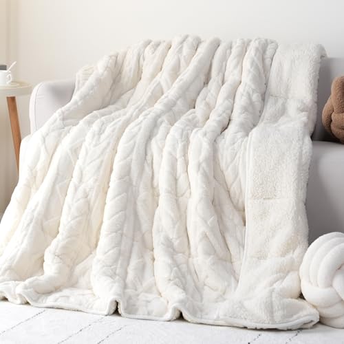 Cottonblue Jacquard Weighted Blanket 15lbs for Adults Queen Size, Ultra Soft Cozy Comfort Sherpa Blanket for Relax and Sleep, Heavy Bed Blankets with Glass Beads, 60x80 Inches, Cream White - Image 1