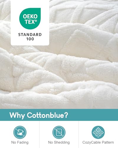 Cottonblue Jacquard Weighted Blanket 15lbs for Adults Queen Size, Ultra Soft Cozy Comfort Sherpa Blanket for Relax and Sleep, Heavy Bed Blankets with Glass Beads, 60x80 Inches, Cream White - Image 3