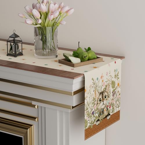 XCHI Wildflowers Cat Daisy Spring Table Runner Summer Table Decoration for Party Home Kitchen Dining Holiday Decor 13x72 Inch - Image 3